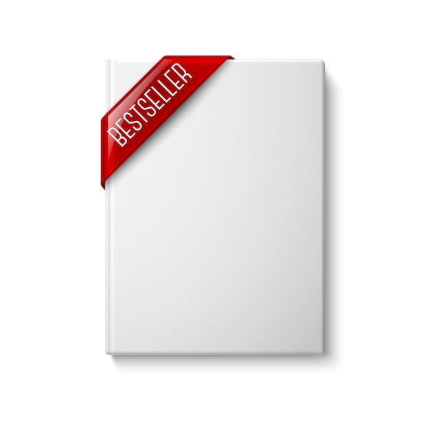 リアルな白い空白のハードカバーの本、赤いベストセラーコーナーリボン付き正面図。デザインとブランディングのために白い背景で隔離。