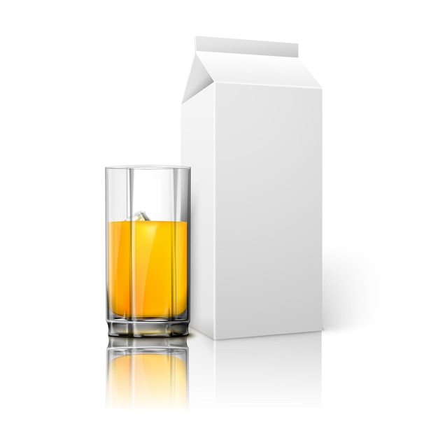 Realistic white blank paper package and glass for juice milk cocktail etc Isolated on white