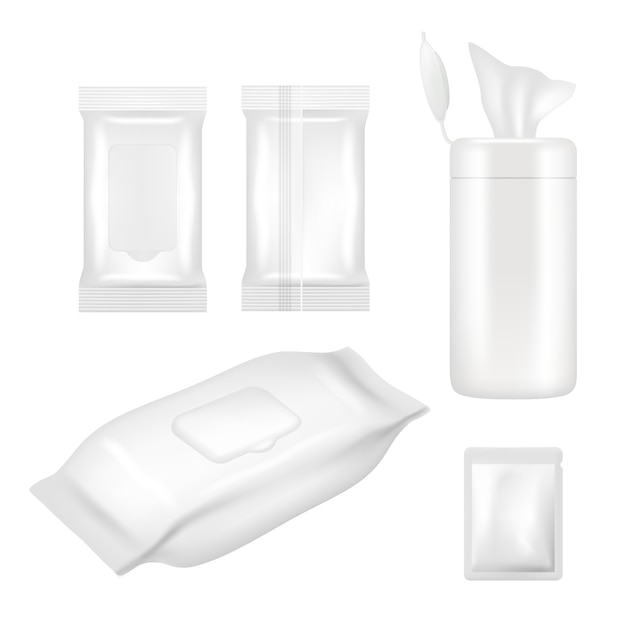 Vector realistic white blank wet wipes packaging set