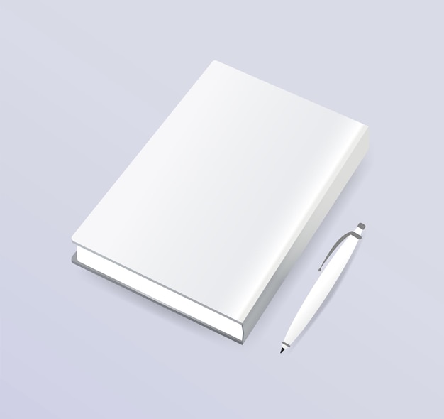 Realistic white book cover with pen blank mockup illustration template