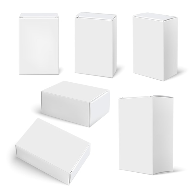 Вектор Реалистичный макет белой коробки с изолированными изображениями похожих пустых упаковочных коробок на пустой векторной иллюстрации фона