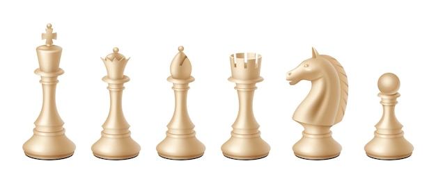 Vector realistic white chess pieces icons. chessmen, queen and king, horse, rook, bishop and pawn. strategy game figures set. logic competition or tournament concept. 3d vector illustration