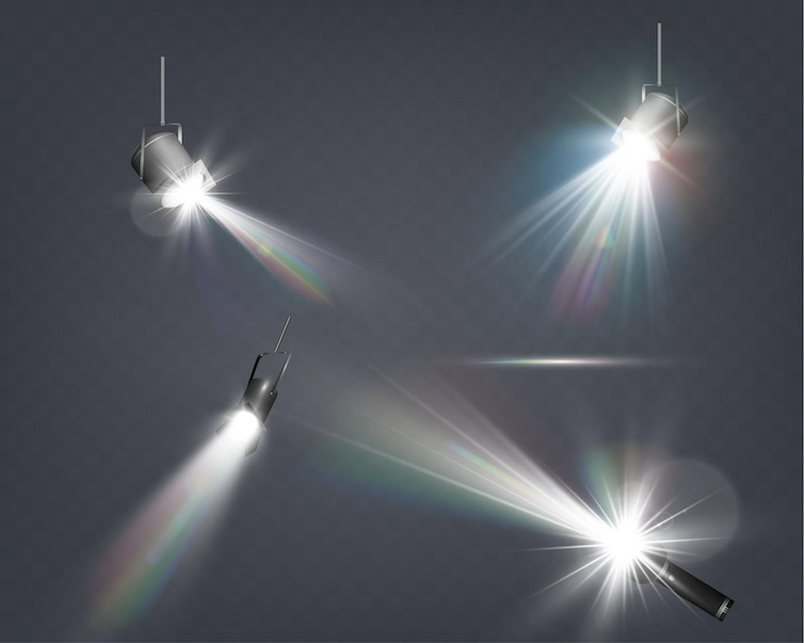 Vector realistic white and colorful spotlights with beams reflections and stage lighting effects on trans