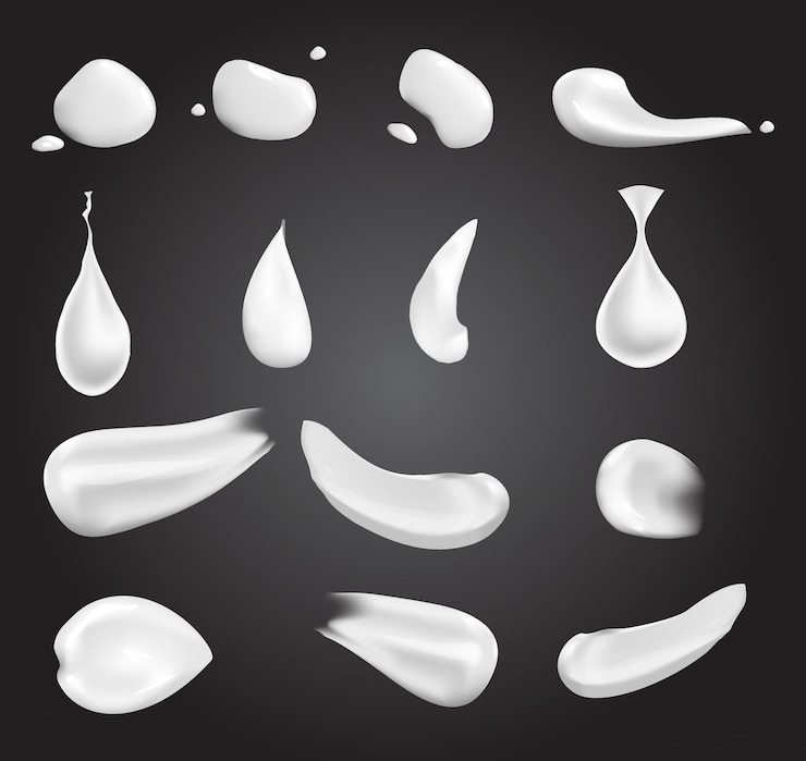 Vector realistic white cream elements: a drop, a splash, smear, squeezed cream. illustration isolated on transparent background. 