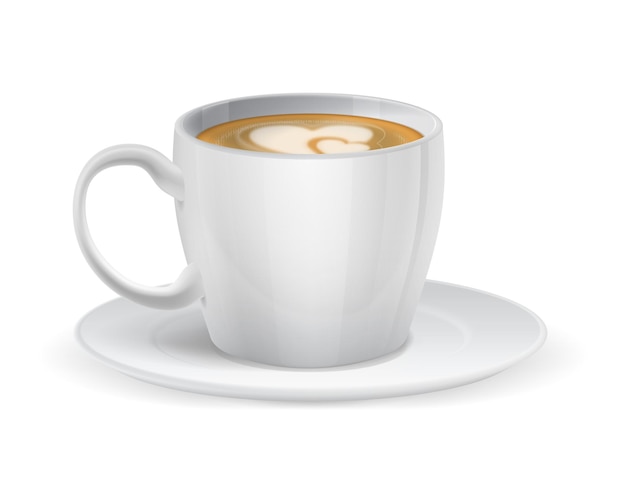 realistic white cup coffee with milk morning drink isolated on white background mug with plate side view tasty hot cappuccino or latte porcelain tableware with morning beverage vector 3d object