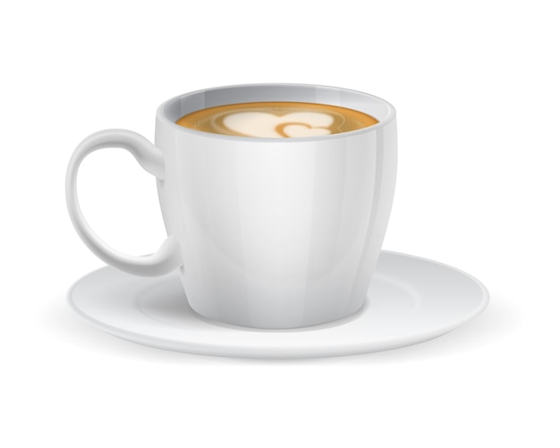 Realistic white cup Coffee with milk morning drink isolated on white background Mug with plate side view Tasty hot cappuccino or latte porcelain tableware with morning beverage vector 3d object