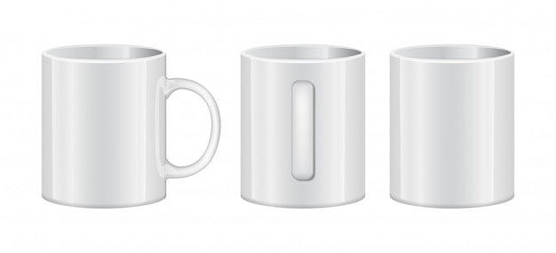 Vector realistic white cup empty template mockup set different views.