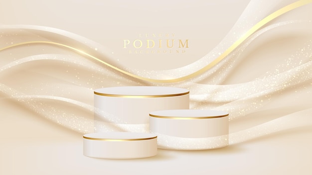 황금 곡선 라인 장면이 있는 현실적인 흰색 진열대, 판촉 판매 및 마케팅을 위한 제품을 보여주는 연단. 럭셔리 스타일 배경입니다. 3d 벡터 일러스트 레이 션.