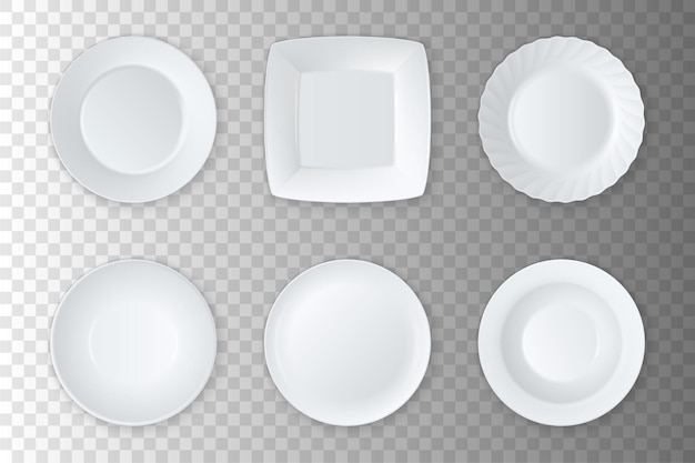 Realistic white empty food plate dish and bowl icon set closeup isolated