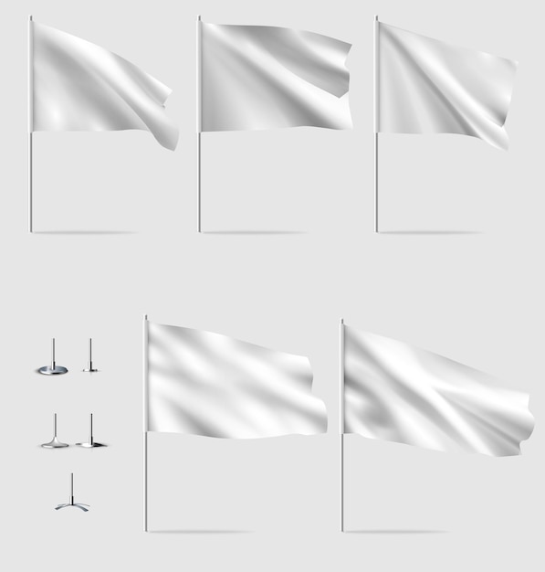 Realistic white flags with a set of coasters. A modern flag is developing in the wind. Vector mockup.