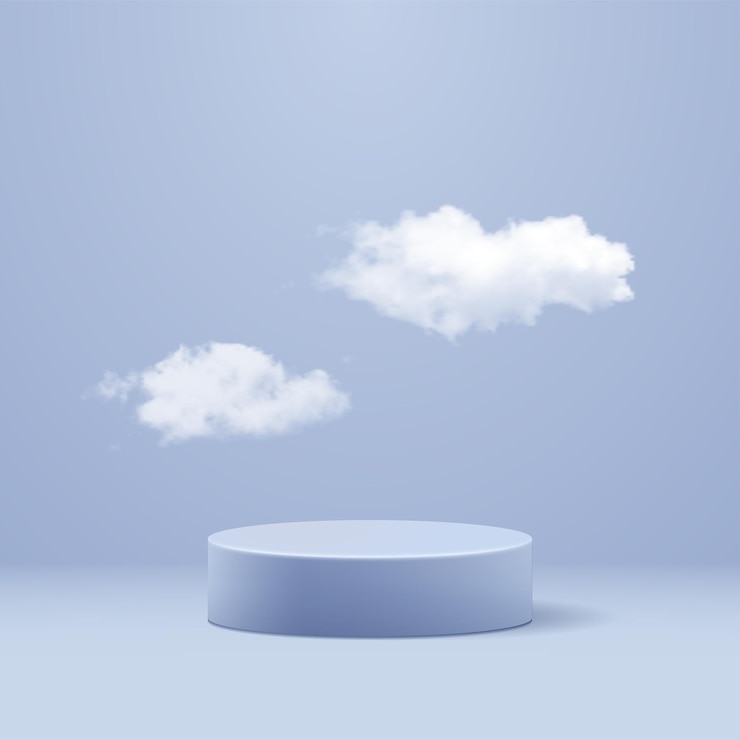 Vector realistic white fluffy clouds and product podium on blue background. mock-up for your design. vector illustration.