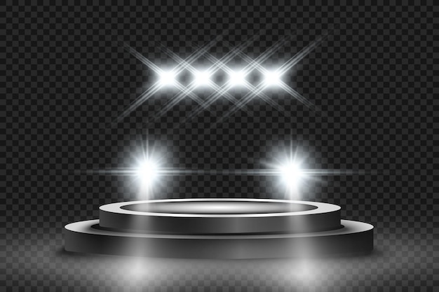 Realistic white glow round beams of car headlights, isolated on transparent background.