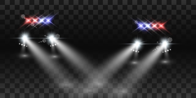 Vector realistic white glow round beams of car headlights,  on transparent background. police car. light from headlights. police patrol.