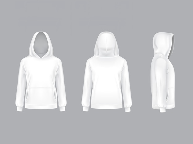 Vector realistic white hoodie with long sleeves and pockets, casual unisex model