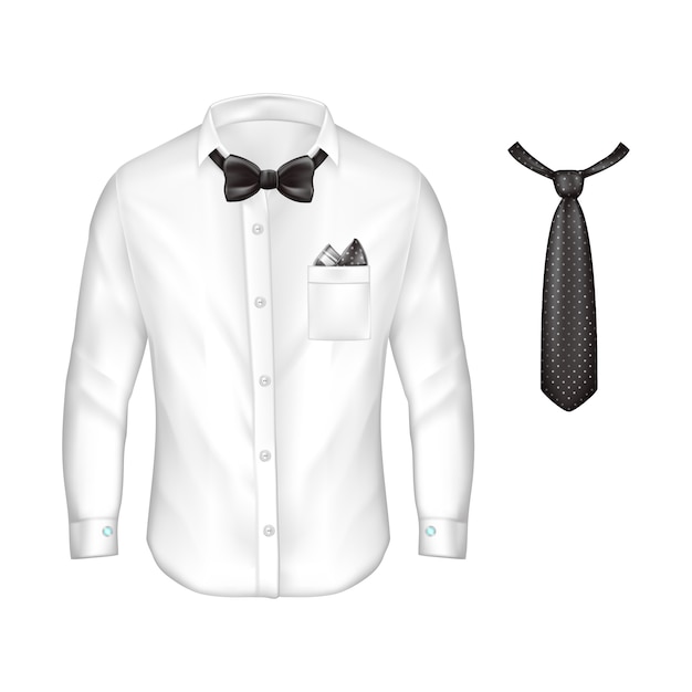 Realistic white male shirt with long sleeves, buttons and cufflinks, bow-tie