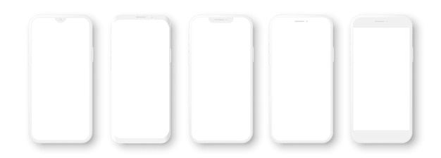 Vettore set di smartphone mockup bianco realistico con modelli di telefoni cellulari 3d con schermo vuoto illustrazione vettoriale