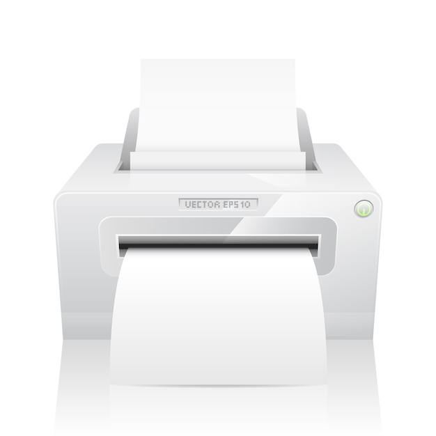 Realistic white model printer with paper.