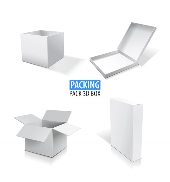 Realistic white opened and closed blank box set illustration.