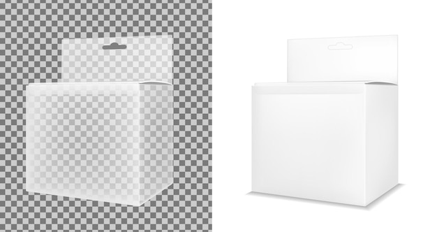 Реалистичная белая бумажная или пластиковая упаковочная коробка с отверстием для подвешивания