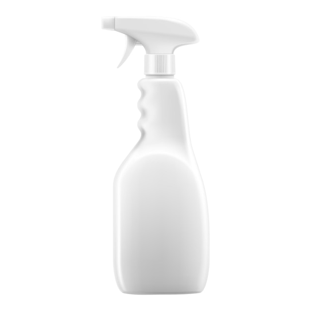 リアルな白いペットボトルはピストルをスプレーすることができます。家庭用洗剤のトイレとバスルームクリーナーのボトル、洗剤用のボトル。ベクトル3D分離モックアップ