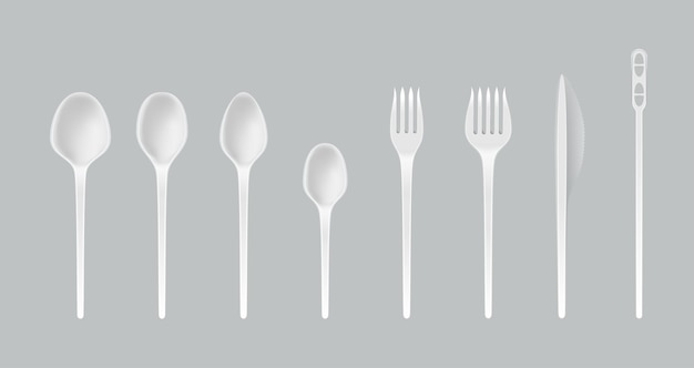 Vettore posate in plastica bianca realistica, forchetta, coltello, cucchiaio, cucchiaino, utensile, utensili da cucina usa e getta