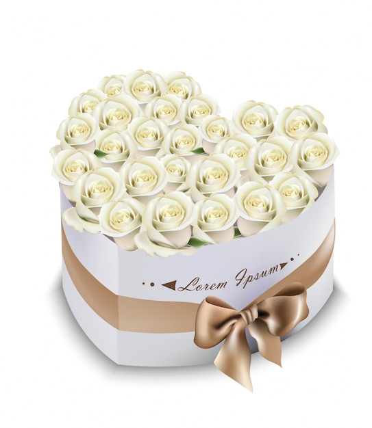 Vector realistic white roses bouquet box with ribbon