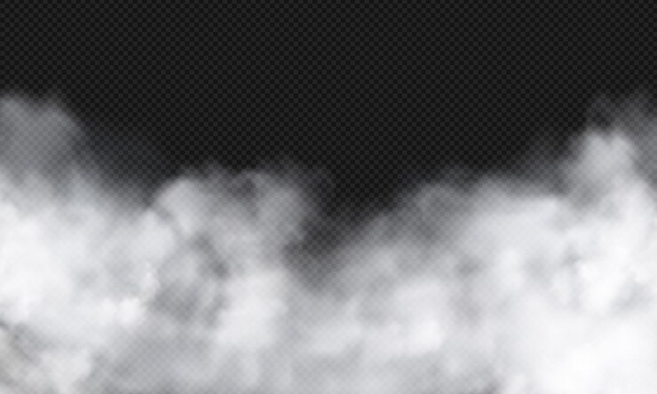 Vector realistic white sky cloud or misty fog and smoke overlay effect on transparent background