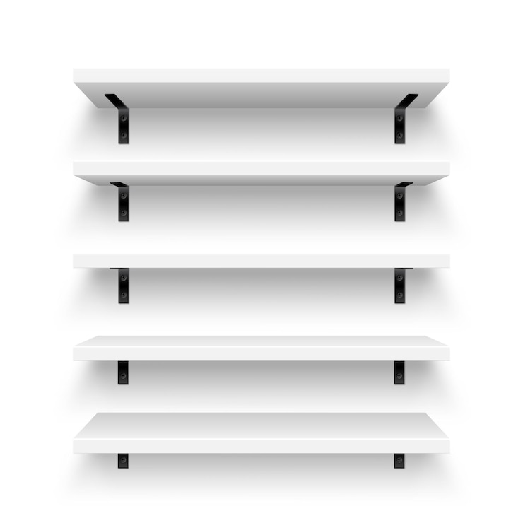 Vector realistic white store shelves with wall mount empty product shelf grocery wall rack mall and