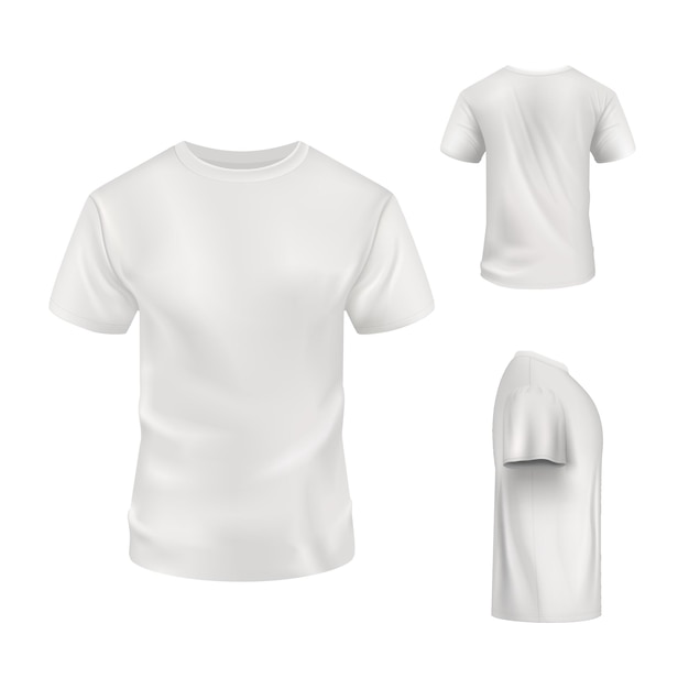 Realistic white t-shirt set on white background. vector mockup. sport blank shirt template front, back and side view, men clothes for fashion clothing realistic uniform for advertising textile print.