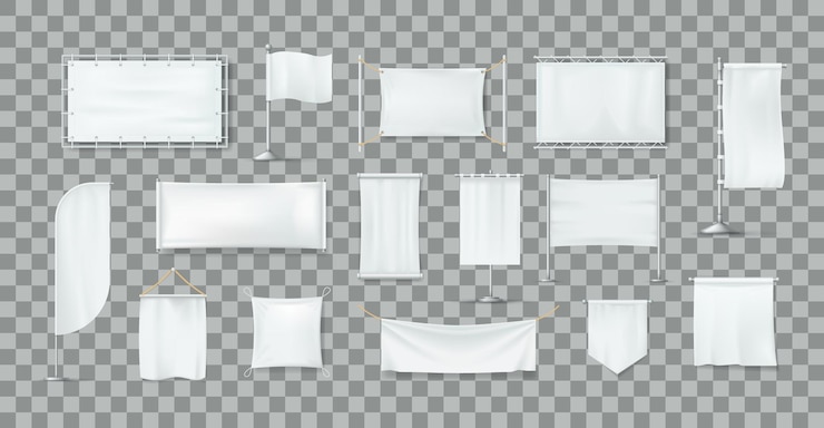 Vector realistic white textile banners set. cotton banners, blank flags, posters.
