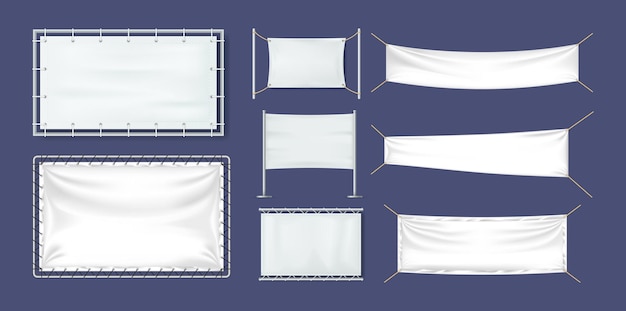 Realistic white textile banners set. cotton banners, blank flags, posters.