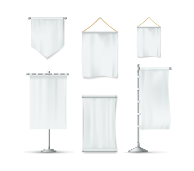 Vector realistic white textile banners set cotton fabric banners blank flags advertising posters of various forms on a transparent background mockup realistic advertising vector isolated