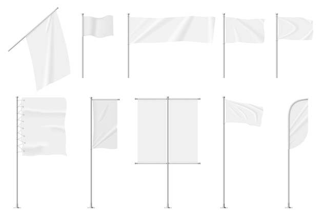 Realistic white textile flags on pole blank advertising banners Empty fabric flag template hanging cloth banner signboard vector set