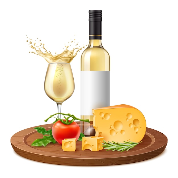 Realistic white wine and cheese Products composition alcohol beverage bottle on wooden cutting board vegetables and greens food and drink 3d isolated elements utter vector concept