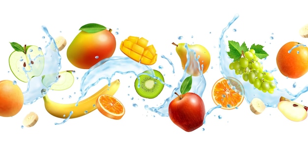 Realistic whole and sliced fruits in splash of water