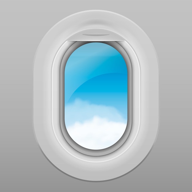 Vettore finestra realistica dell'aeroplano cielo con nuvole bianche viste dall'interno di un'illustrazione vettoriale delle finestre dell'aeroplano