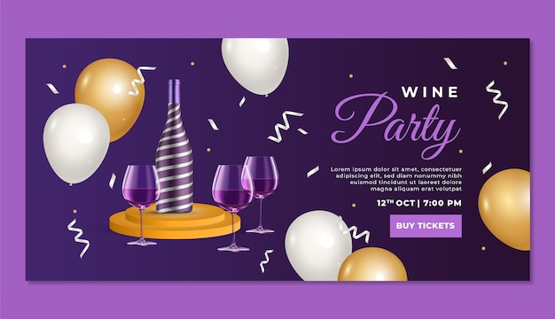 Realistic wine party with balloons horizontal banner