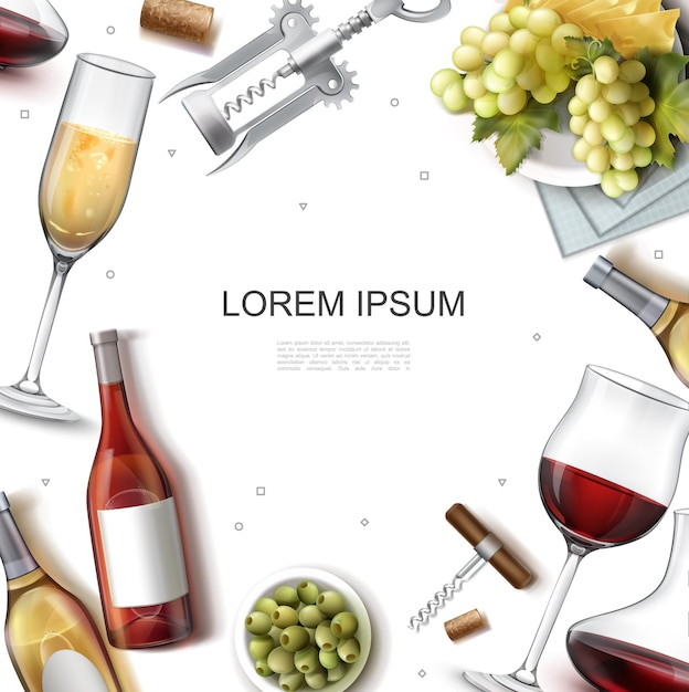 Vector realistic wine template with wineglasses bottles jar of premium alcohol corkscrews wooden corks green olives