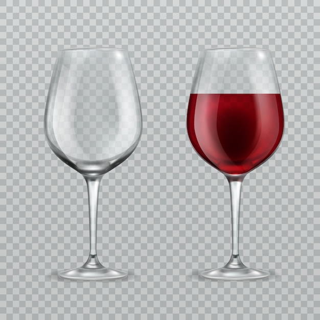 Illustrazione realistica del bicchiere di vino. vuoto e con bicchieri di vino rossi bicchieri isolati