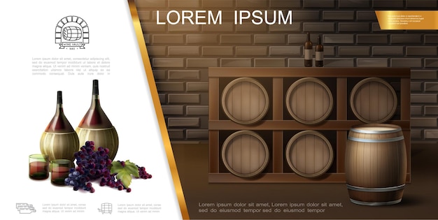 Реалистичный современный шаблон виноделия с бутылками, стаканами, гроздьями винограда и деревянными бочками, полными вина в погребе, иллюстрация