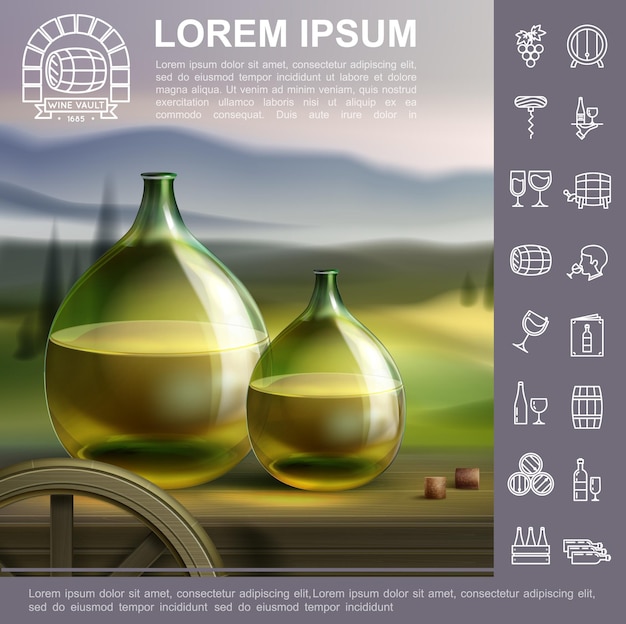 Realistic winemaking traditional template with bottles full of white wine on vineyard landscape  illustration