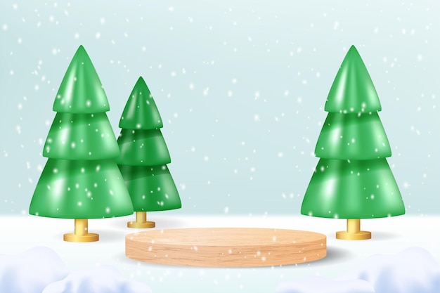 크리스마스 나무와 푸른 눈에 덮인 백그라운드에 현실적인 나무 연단. 제품 쇼에 대 한 빈 실린더 받침대와 겨울 크리스마스 파스텔 3d 만화 장면. 현대 창의적인 플랫폼 템플릿.
