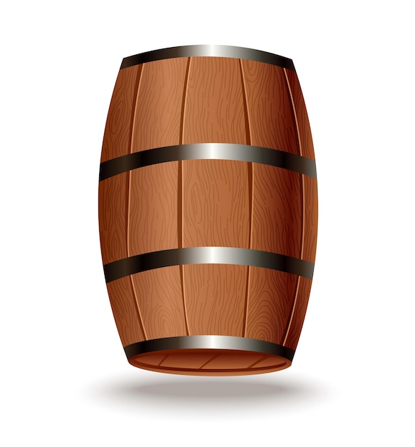 Vector realistic wooden barrel. isolated oak cask with timber body with iron rings on white background. vector realistic keg for whiskey, rum, cognac, wine, beer, kvass or other drinks