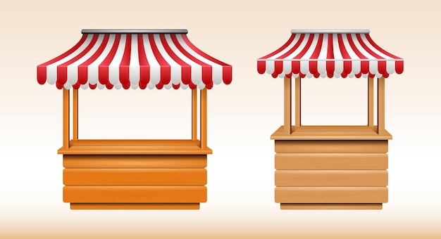 Vettore chiosco realistico a baldacchino in legno con bancarella del mercato a strisce rosse e bianche