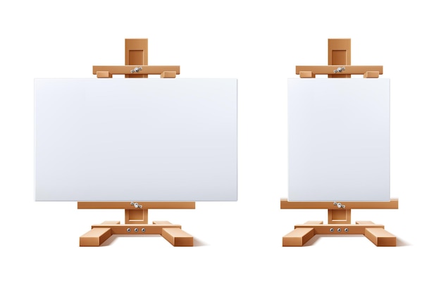 Realistic wooden easel with blank canvas set