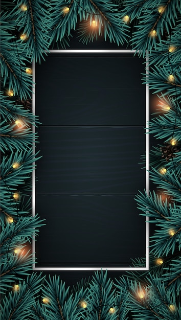 Vector realistic wooden vertical background with christmas tree branches frame.