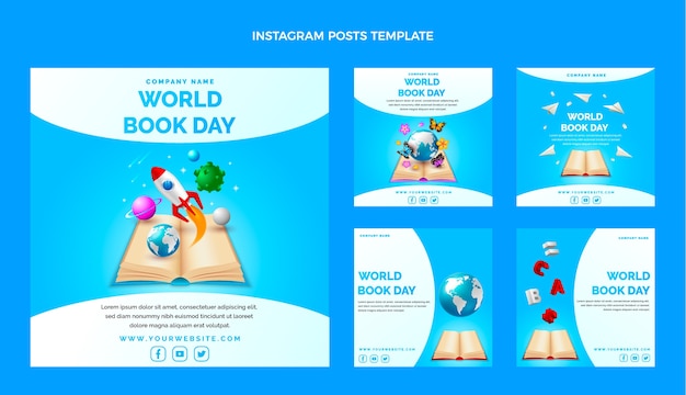 Vettore collezione di post di instagram per la giornata mondiale del libro realistica