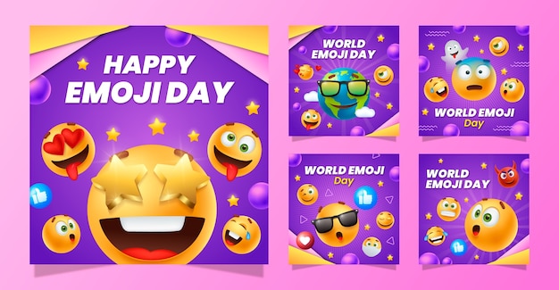 Vettore collezione di post su instagram per il giorno delle emoji mondiali realistiche