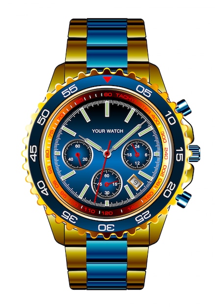 Realistic wristwatch chronograph gold blue metallic luxury white