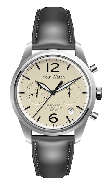 リアルな腕時計クロノグラフ シルバー グレー レザー ホワイト バック グラウンド デザイン高級ベクトル